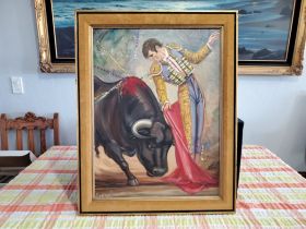1940's Spanish Bull Fighter Oil on Canvas by Cortes Matas Framed