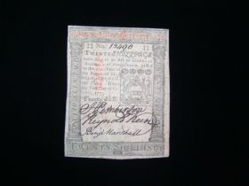 U.S. Colonial Currency 1773 Pennsylvania 20 Shillings Fr.PA-169 VF+ Large Margins
