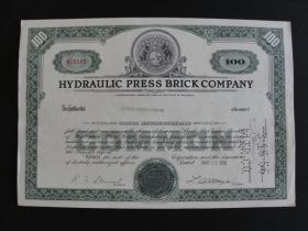 1956 Hydraulic Brick Press Company of Missouri Stock Certificate Bear Vignette