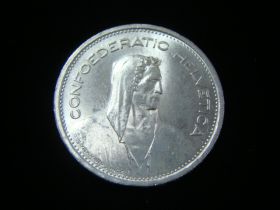 Switzerland 1954B Silver 5 Francs About Uncirculated