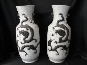 Pair of Antique Chinese Signed Crackle Dragon Vases Brought Back From Foochow 
