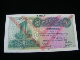 Lebanon 1939 1 Livre Banknote Very Fine+ Pick#26d 10310