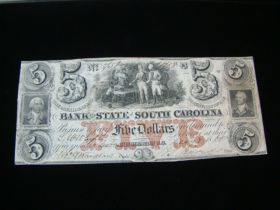 1861 Bank Of The State Of South Carolina $5.00 Banknote VF+ 40703