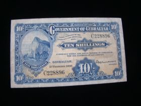 Gibraltar 1939 10 Shillings Banknote Fine Pick#14a