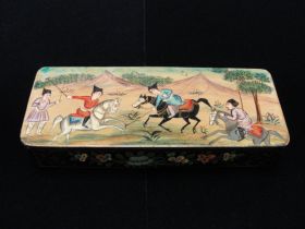 Antique Persian Lacquerware Ware Hand Painted Box Horsemen and Flowers Motif