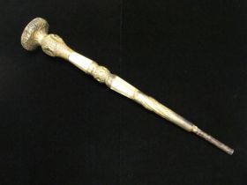 Antique Victorian Walking Stick Brass Handle with Mother of Pearl Accents