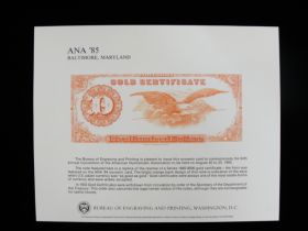 BEP Souvenir Card # B-82 1985 back 1882 $500 GC
