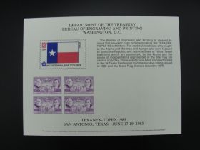 BEP Souvenir Card #B-60 1983 1936 3¢ Texas Centennial stamp