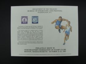 BEP Souvenir Card #B-62 1983 1932 3¢ and 5¢ Olympics stamps