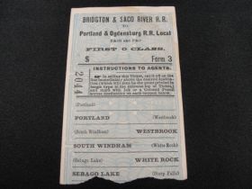 1887 Bridgton & Saco River Railroad First Class Ticket