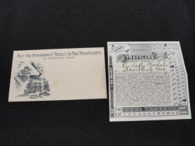 1893 The Travelers Insurance Company Of Hartford CT Accident Ticket & Envelope