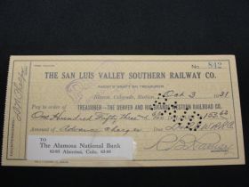 1931 San Luis Valley Southern RR Co. Check To The Denver & Rio Grande RR
