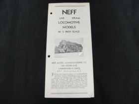 Vintage NEFF Live Steam Locomotive 1/4 Scale Models Trifold Pamphlet