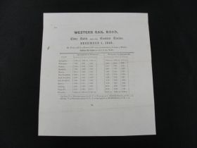 1845 Western Rail Road Of MA Extremely Rare Time Table For The Eastern Trains