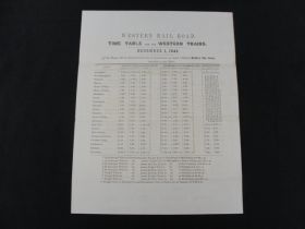 1845 Western Rail Road Of MA Extremely Rare Time Table For The Western Trains