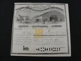 1867 Boston & Wocester Railroad Corporation Stock Certificate