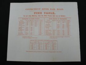 1849 CT River Rail Road Of Massachusetts Extremely Rare Time Table