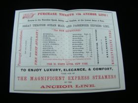 1871 Anchor Line Express Passenger Steamers New York & Glasgow Time/Rate Table