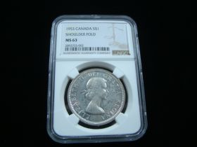 Canada 1953 Silver Dollar Shoulder Fold NGC Graded MS63 2892725-002