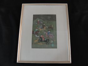 Antique Persian Story Painting "Spear Hunting on Horseback"