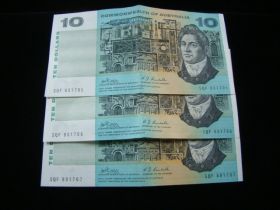 Australia 1966-72 $10.00 Banknotes 3 Consecutive XF-AU Pick#40c