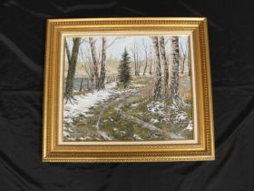 Istvan Torubszky Snowy Forest Trail Painting 30 3/4 x 26 3/4