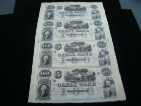1850's $100 New Orleans Canal Bank Uncut Sheet Of 4 Haxby#LA-105-G60a
