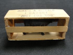 Vintage Novelty Yellowstone Park Mini Buffalo In A Shipping Crate Postal Souv