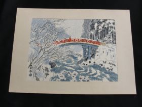 Winter Bridge Scene by Eiichi Kotozuka Japanese Woodblock Print