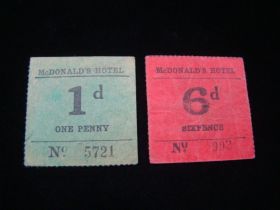 Australia 1943 McDonald's Hotel Grande, Coolangatta 1d & 6d Paper Tokens