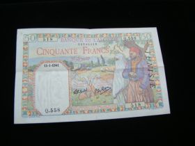 Tunisia 1941 50 Francs Banknote VF+ Pick#12a