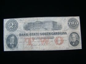 1861 Bank Of The State Of South Carolina $2.00 Banknote VF 21029