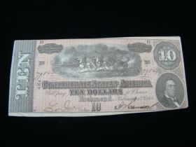 1864 Confederate States Of America $10 Banknote XF+ T68 21030